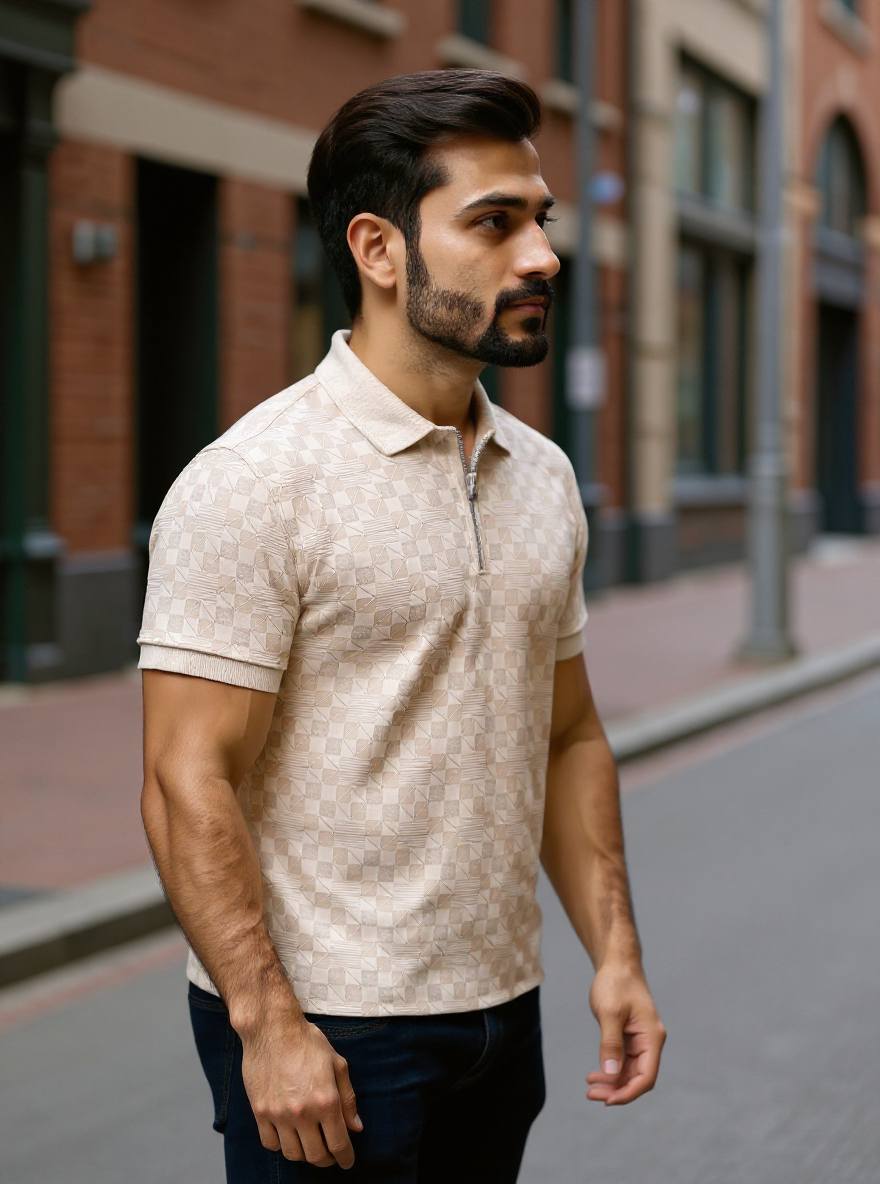 Men's Slim Fit Printed Nativebull T-Shirt with Zipper Collar and Half Sleeves