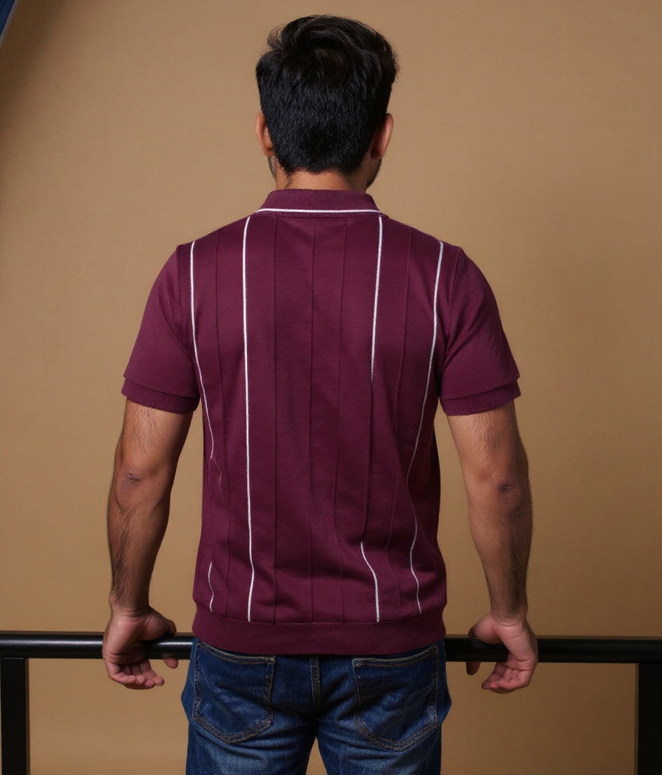 Men's Striped Nativebull Collar Half Sleeve T-Shirt -  Maroon
