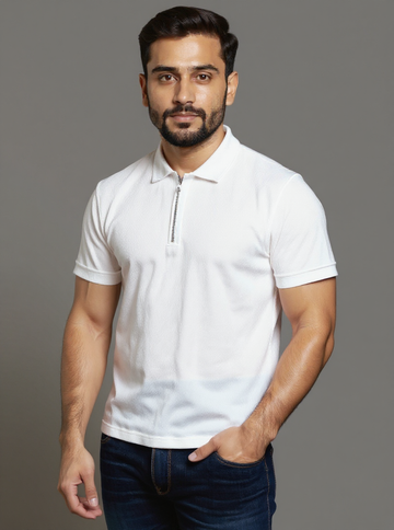 Men's Slim Fit Solid Nativebull T-Shirt with Zipper Collar and Half Sleeves - White