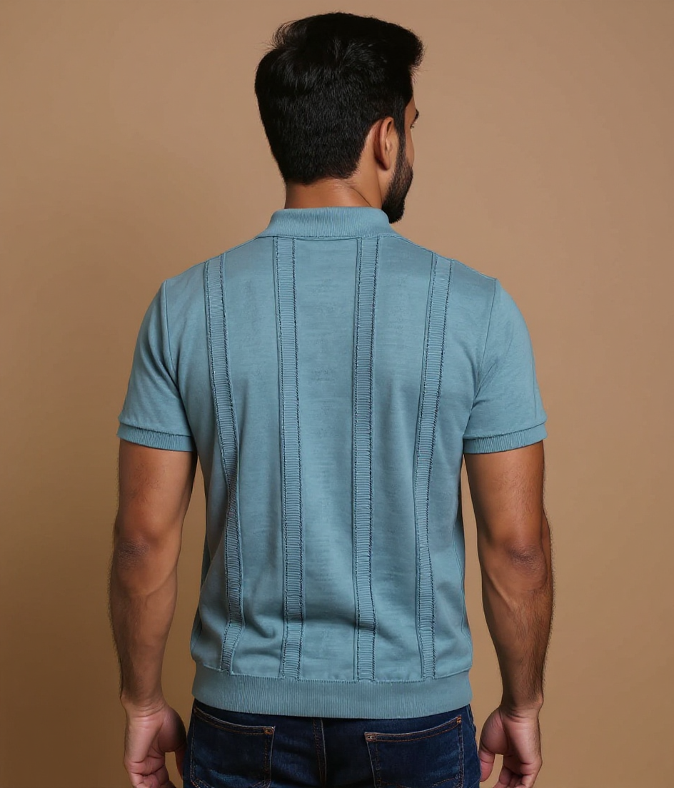 Men's Textured Knit Nativebull T-shirt with Ribbed Collar & Half Sleeves - Green