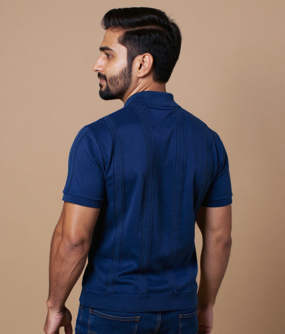 Men's Textured Knit Nativebull T-shirt with Ribbed Collar & Half Sleeves  - Navy Blue