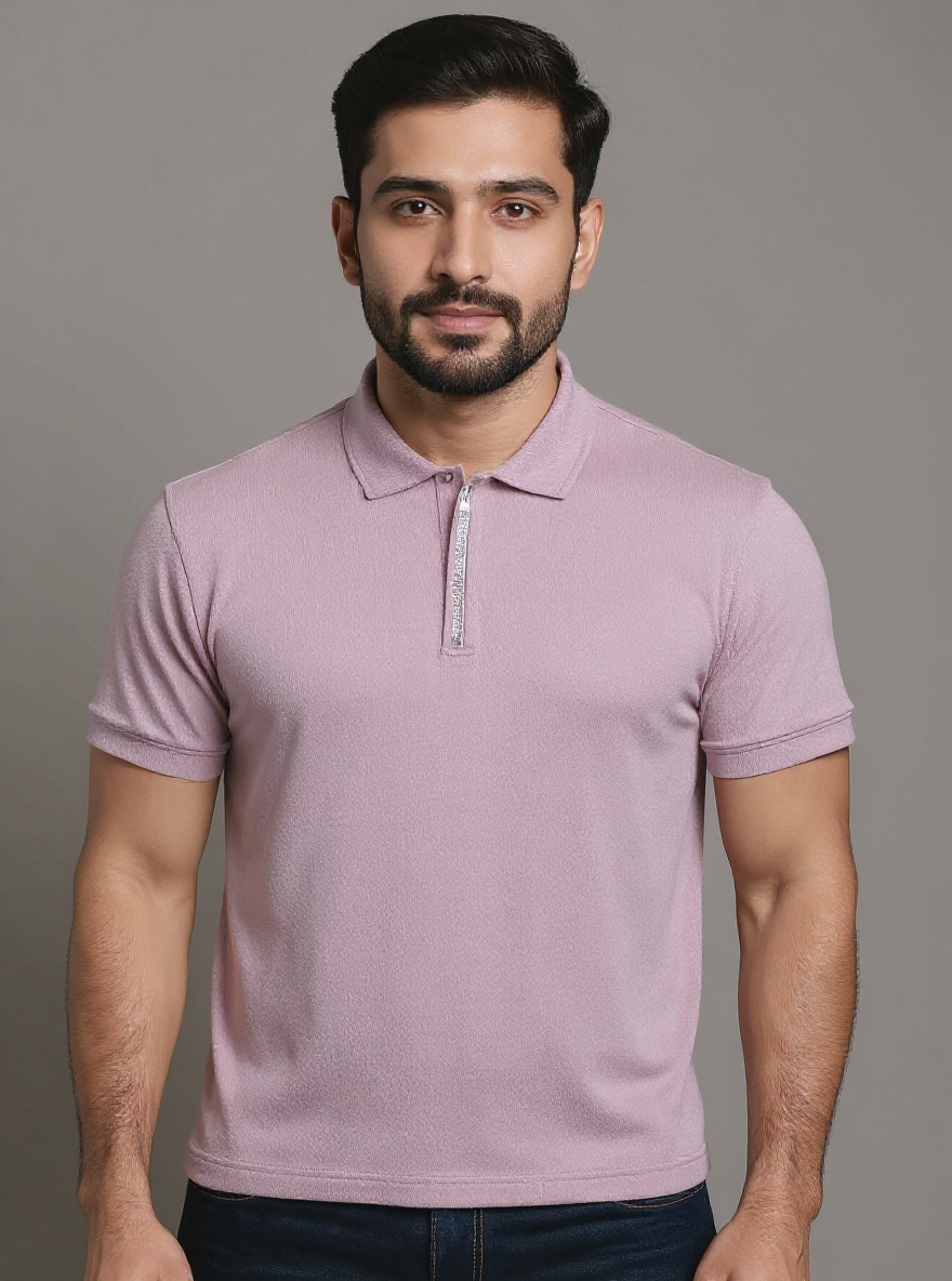 Men's Slim Fit Solid Nativebull T-Shirt with Zipper Collar and Half Sleeves - Pink