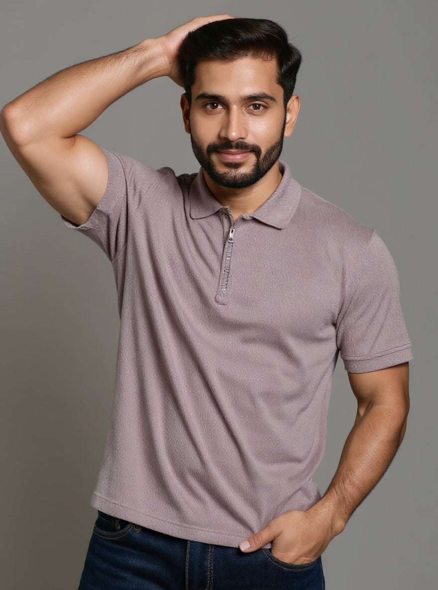 Men's Solid Nativebull T-shirt with Zippered Collar and Half Sleeves - Brown
