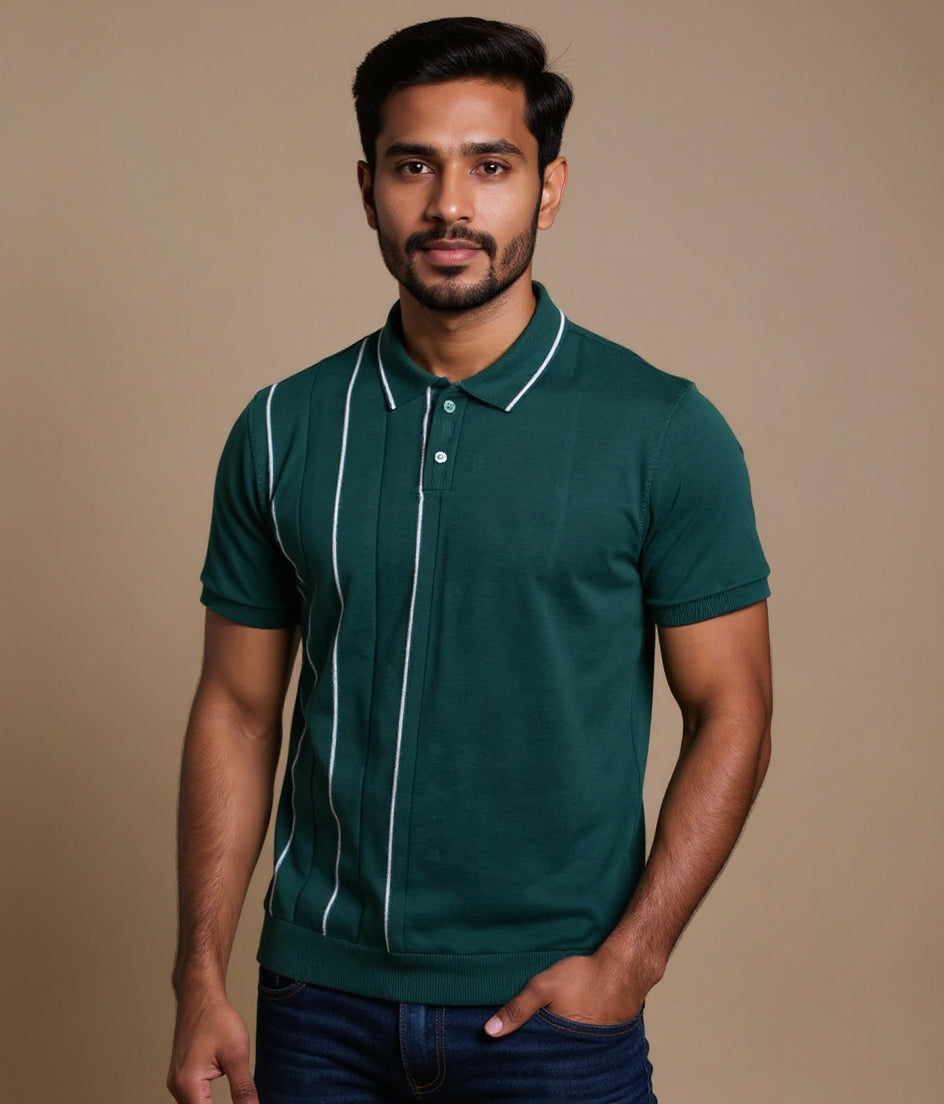 Men's Textured Slim Fit Nativebull  T-Shirt with Short Sleeves and Button Closure - Green