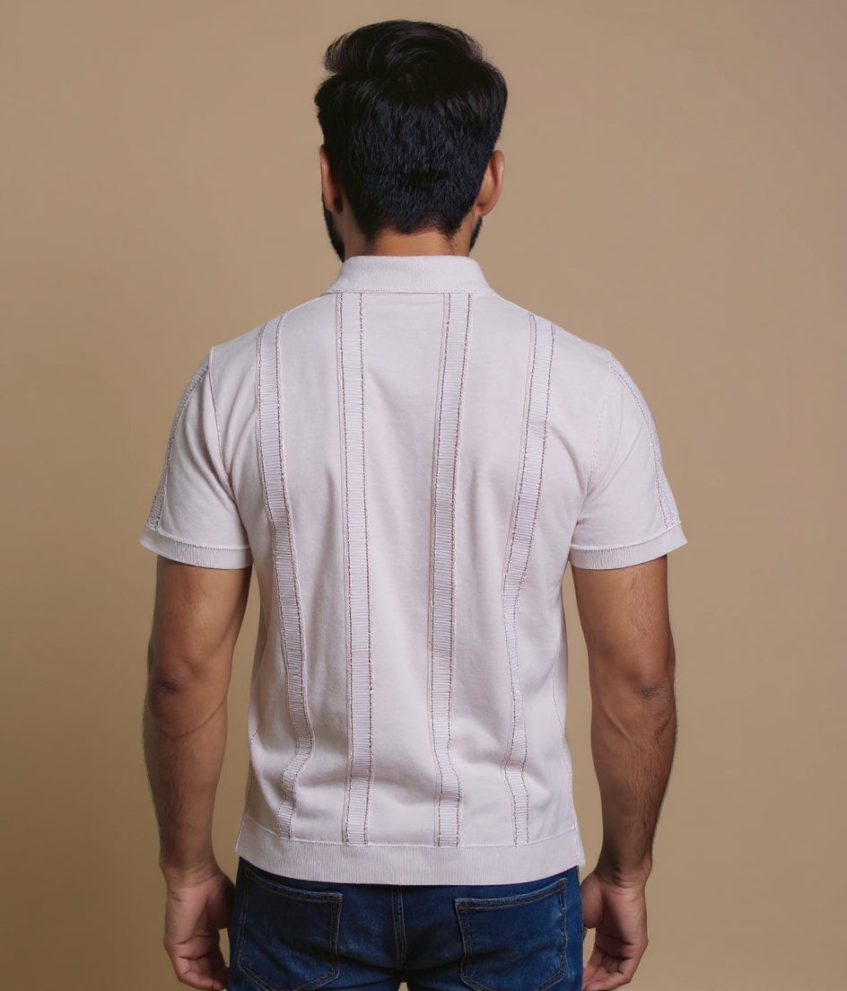 Men's Textured Knit Nativebull T-shirt with Ribbed Collar & Half Sleeves - Beige