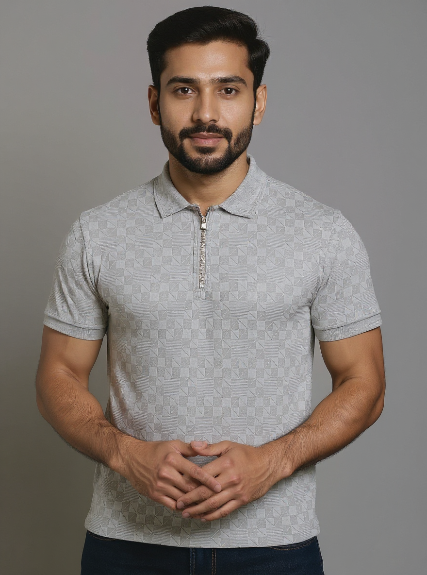 Men's Slim Fit Printed Nativebull T-Shirt with Zipper Collar and Half Sleeves - Grey