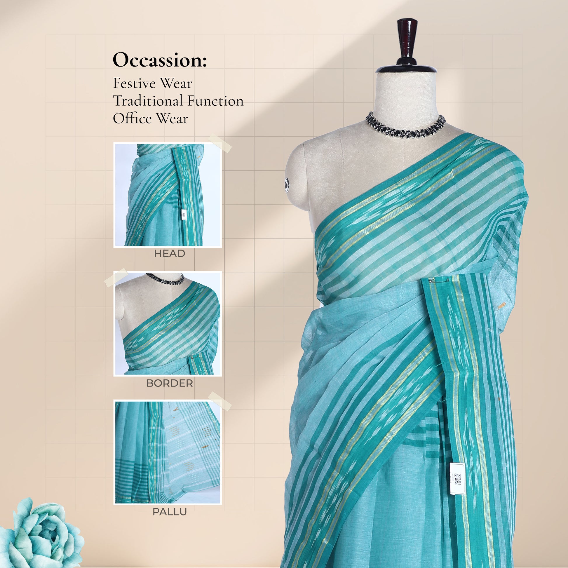 Teal Bengal Cotton Saree Featuring Woven Stripes, Butta Motifs And Contrast Pallu Draped Front View