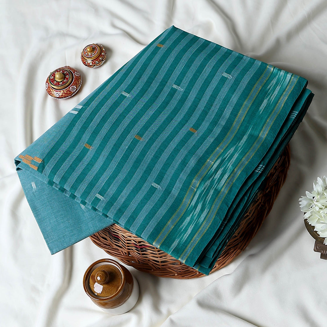Teal Bengal Cotton Saree For Women | Daily Office Wear Summer Collection | Jeyachandran - Full View