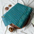 Teal Bengal Cotton Saree With Striped Weave Contrast Border And Woven Motifs  Folded Product View