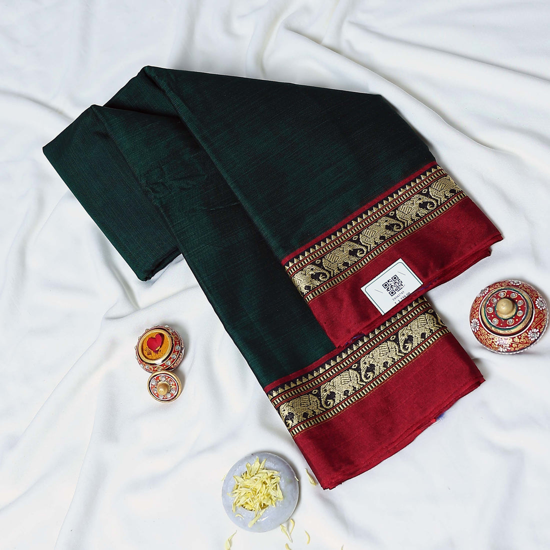 Teal Green Mangalagiri Cotton Saree with Maroon Border and Pallu - Full View