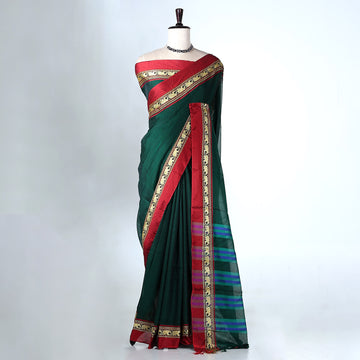 Teal Green Mangalagiri Cotton Saree with Maroon Border and Pallu - Full View