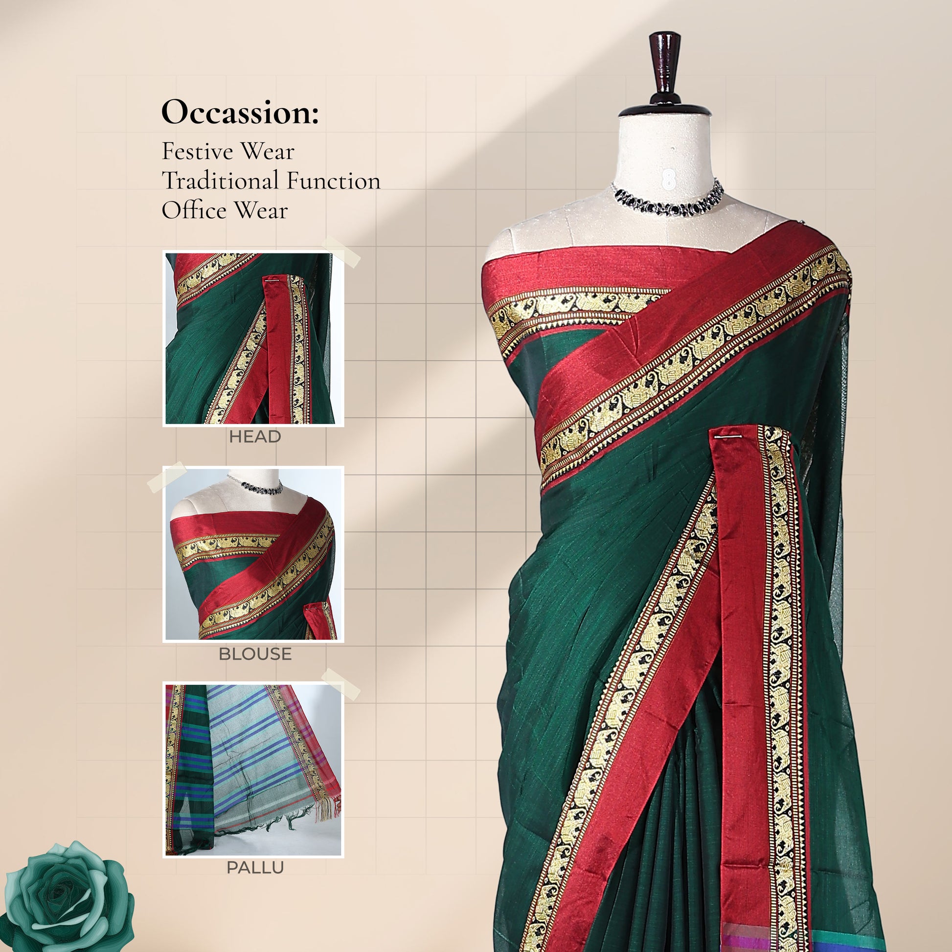 Teal Green Mangalagiri Cotton Saree with a Maroon Border Elephant Motif Zari Detailing and Striped Pallu