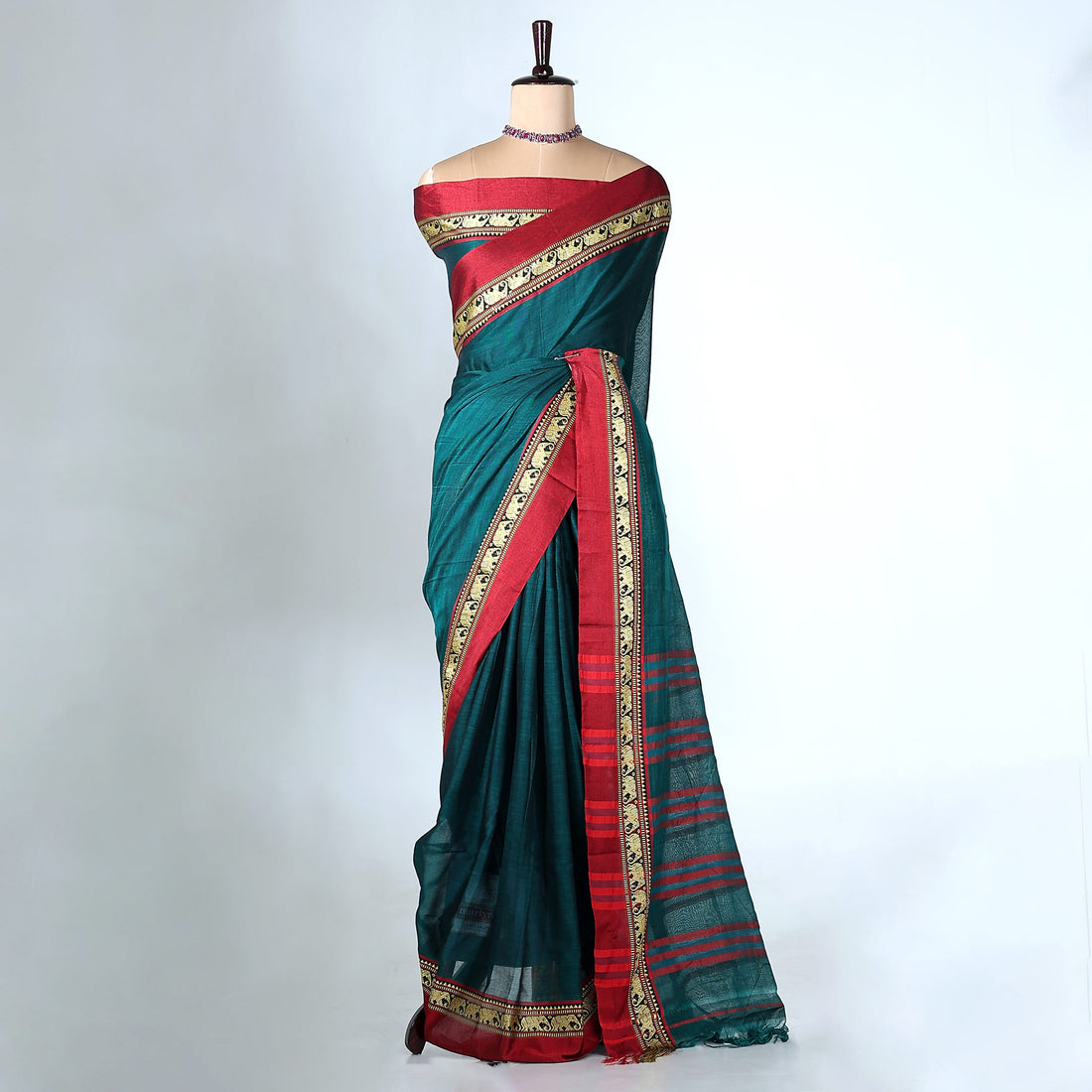 Teal Mangalagiri Cotton Saree with Maroon Border and Pallu - Full View