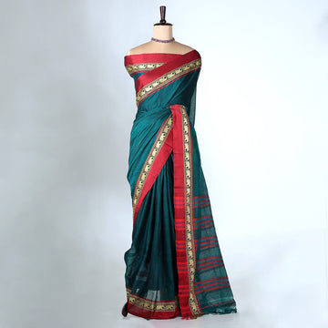 Teal Mangalagiri Cotton Saree with Maroon Border and Pallu - Full View