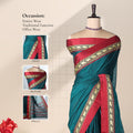 Teal Mangalagiri Cotton Saree with a Maroon Border Elephant Motif Zari Detailing and Striped Pallu