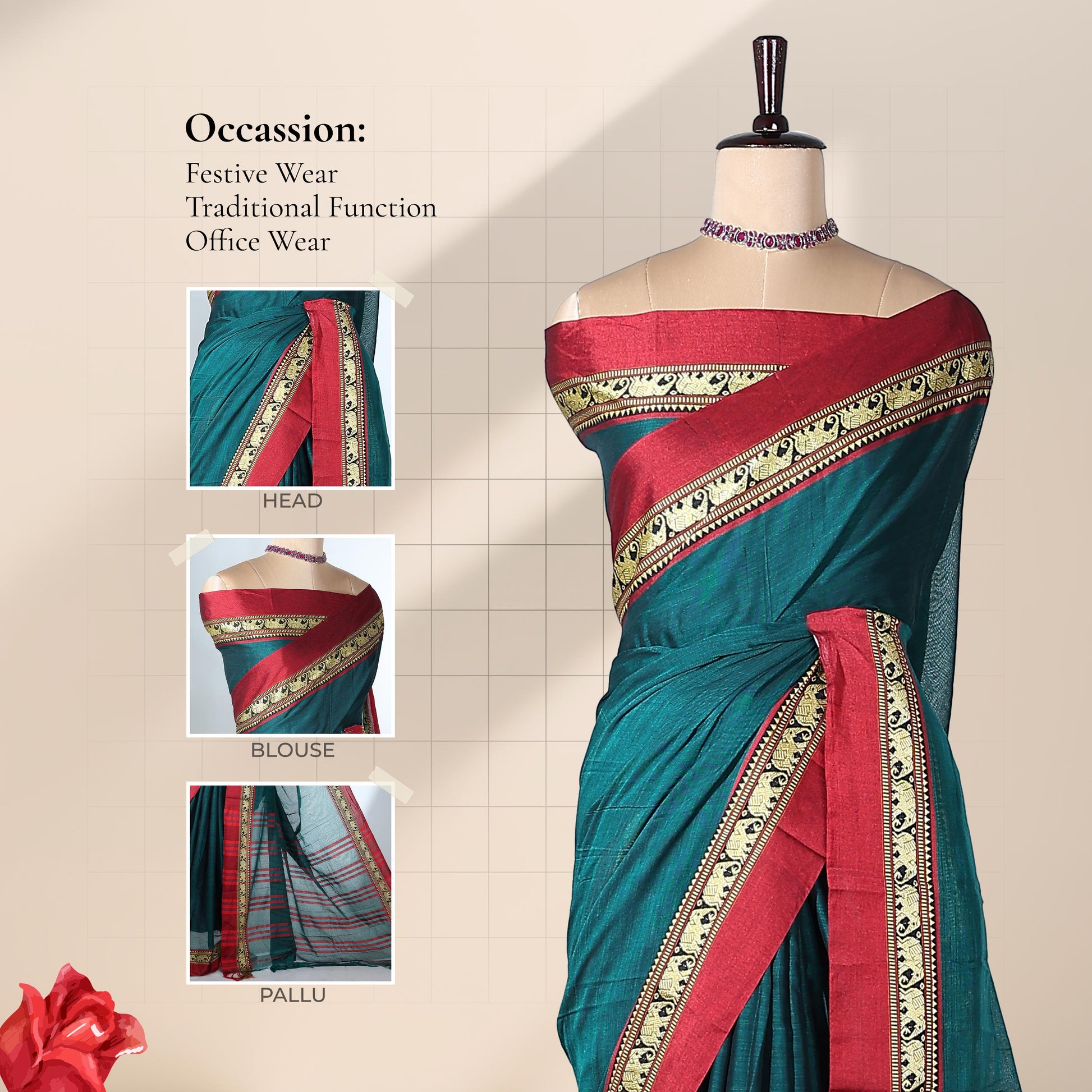 Teal Mangalagiri Cotton Saree with a Maroon Border Elephant Motif Zari Detailing and Striped Pallu