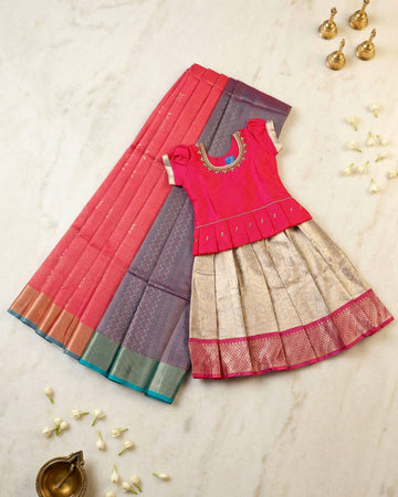 Temple Wear Traditional Saree with Matching Kids Pattu Pavadai Combo