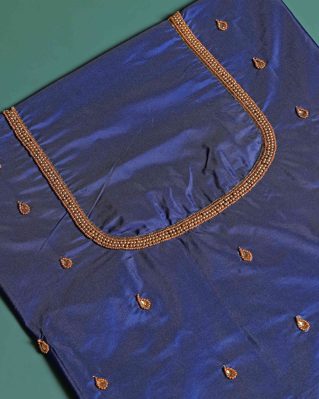 Traditional Embroidered Designer Blouse Material with Intricate Bead and Thread Work - Navy Blue