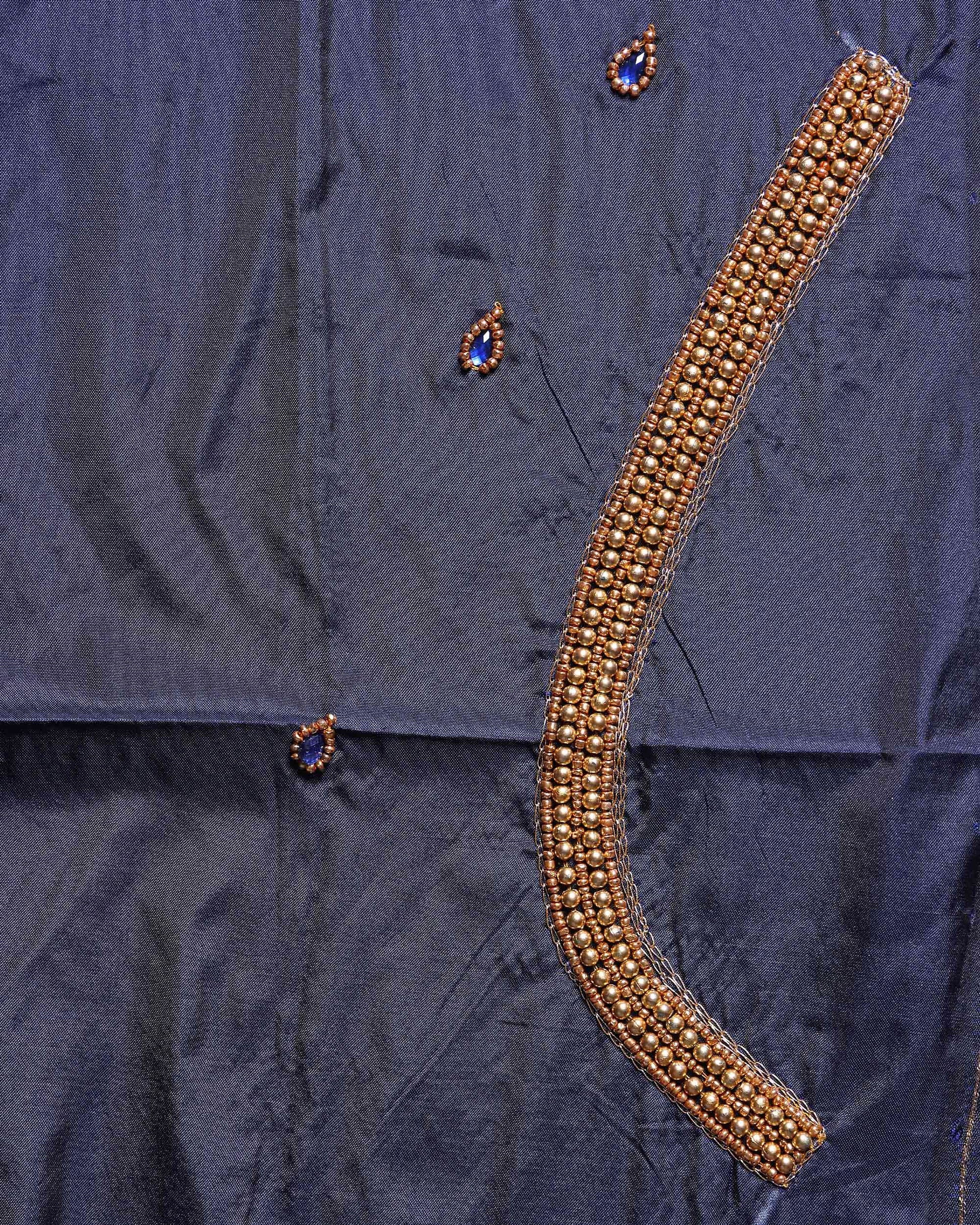 Elegant Embroidered Designer Blouse Material with Intricate Bead and Thread Work - Navy Blue