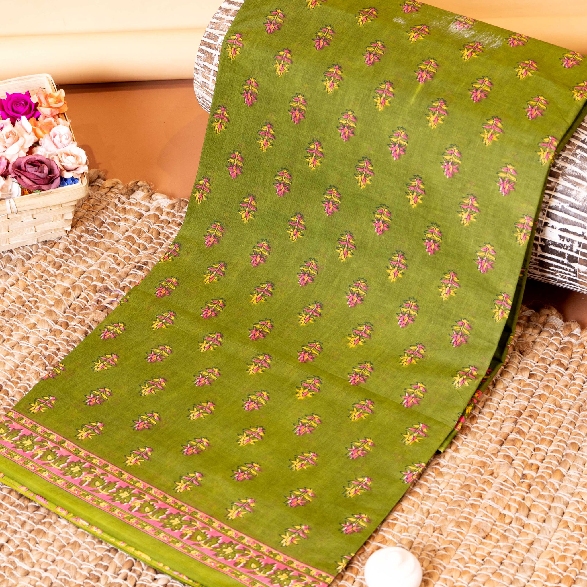 Traditional All-Over Floral Printed Voile Saree with Intricate Contrast Border - Green