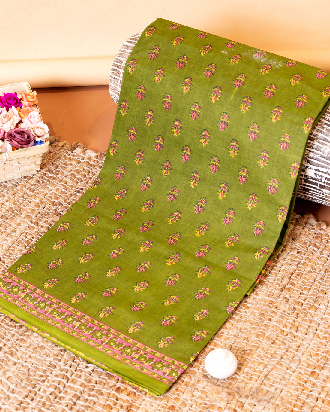 Traditional All-Over Floral Printed Voile Saree with Intricate Contrast Border - Green