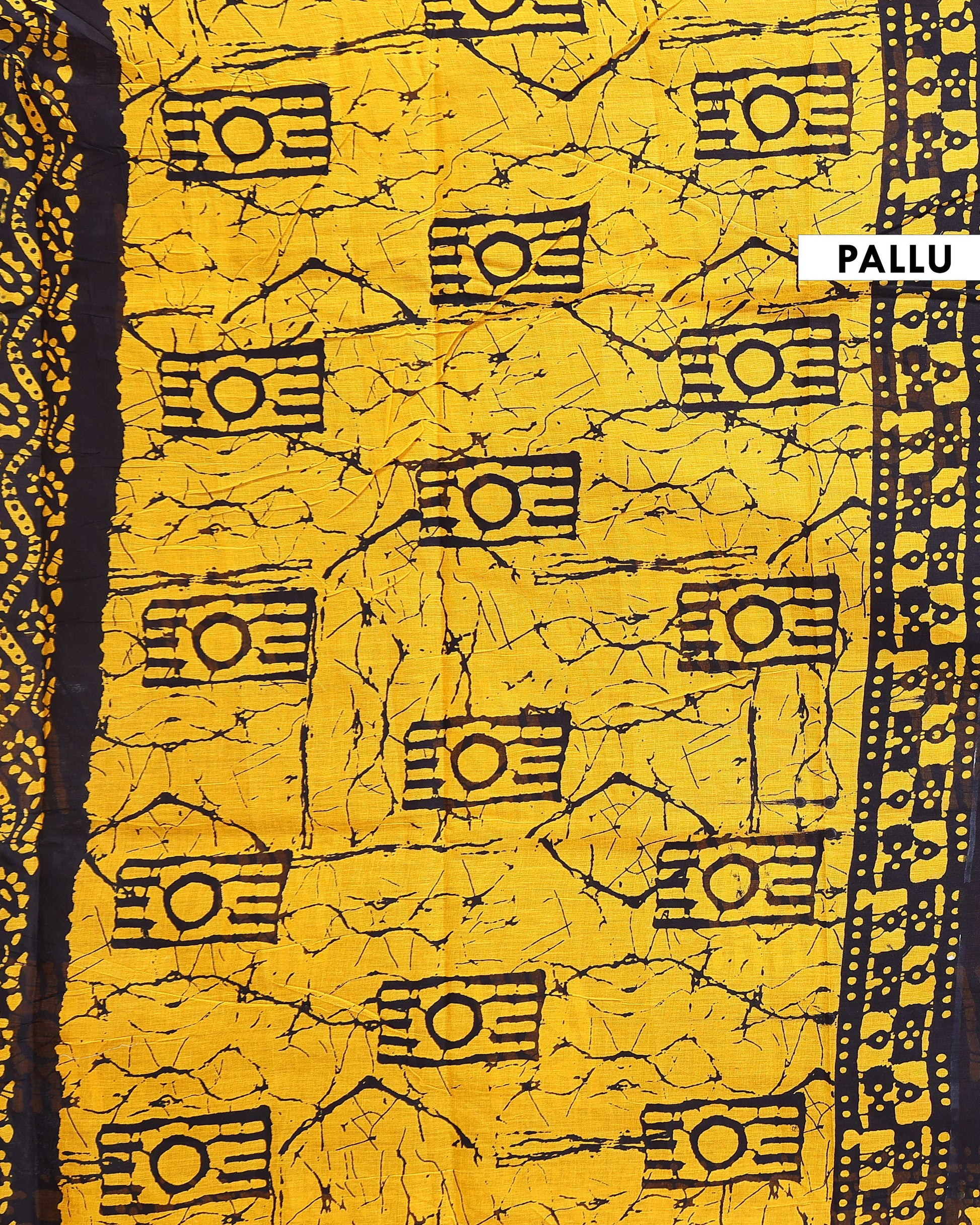 Traditional Batik Printed Mul Mul Cotton Saree with Traditional Motifs - Black-Pallu