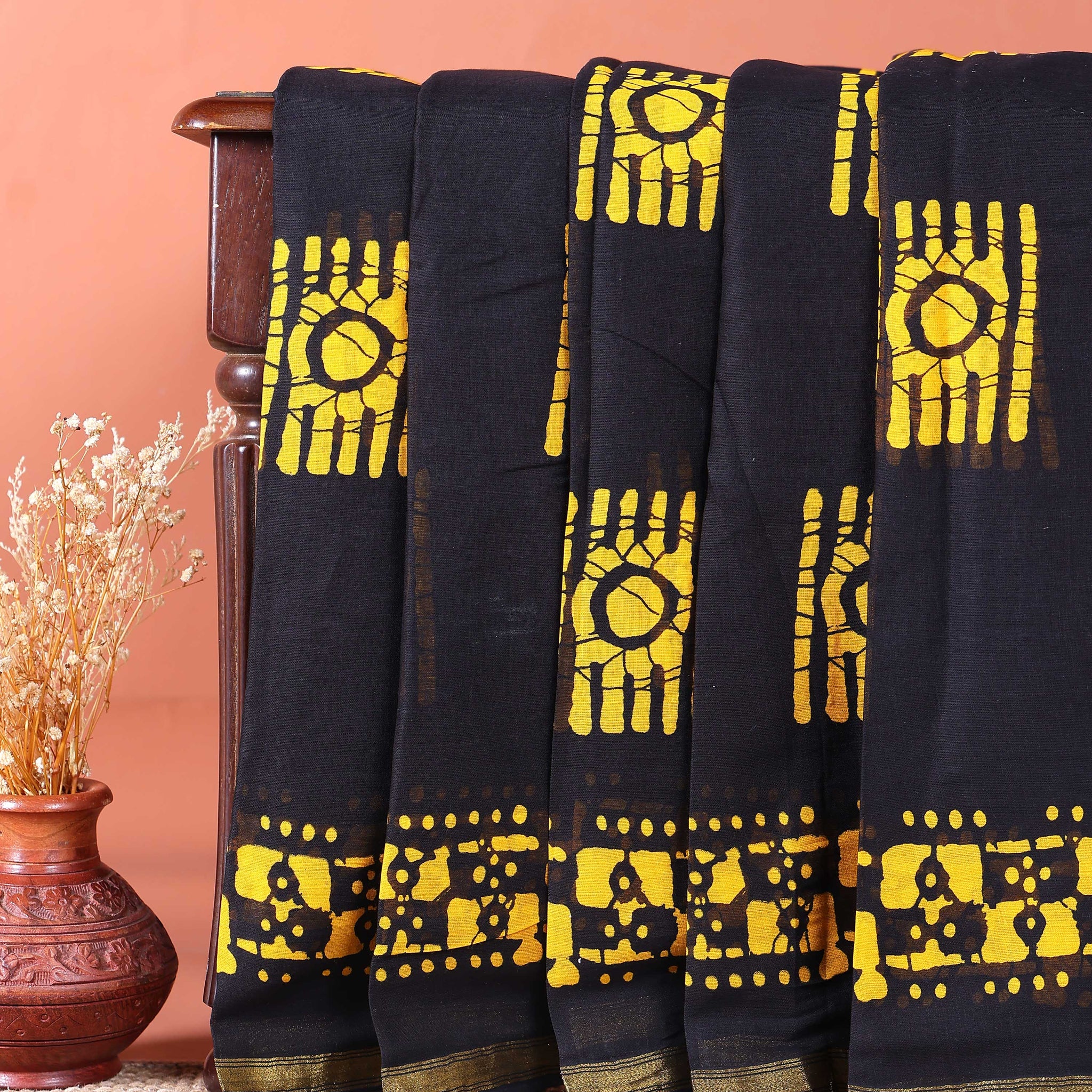 Traditional Batik Printed Mul Mul Cotton Saree with Traditional Motifs - Black