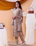 Traditional Block Print Design Women's Readymade Salwar Set with Elegant Patterns and Comfortable Fit - Beige