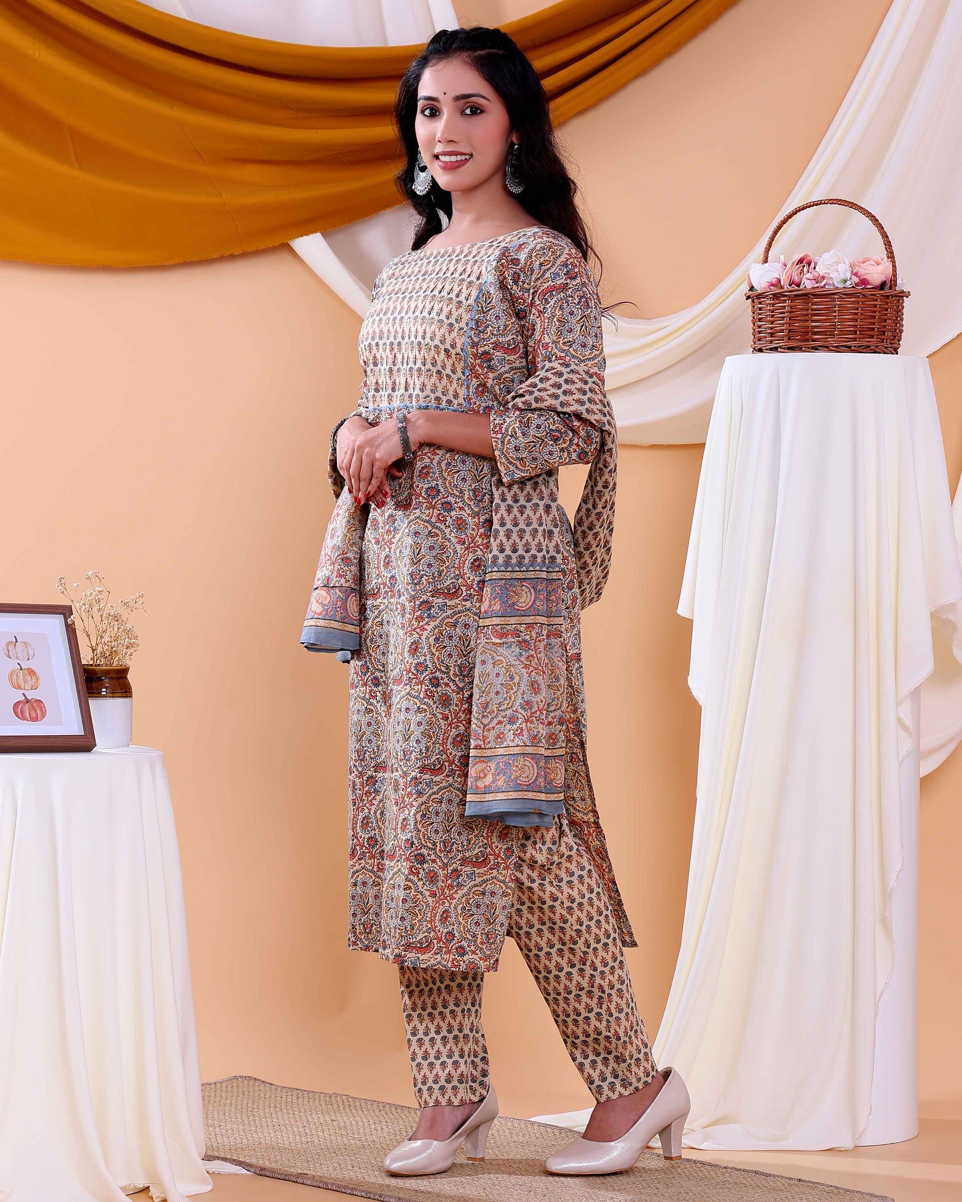 Traditional Block Print Design Women's Readymade Salwar Set with Elegant Patterns and Comfortable Fit - Beige