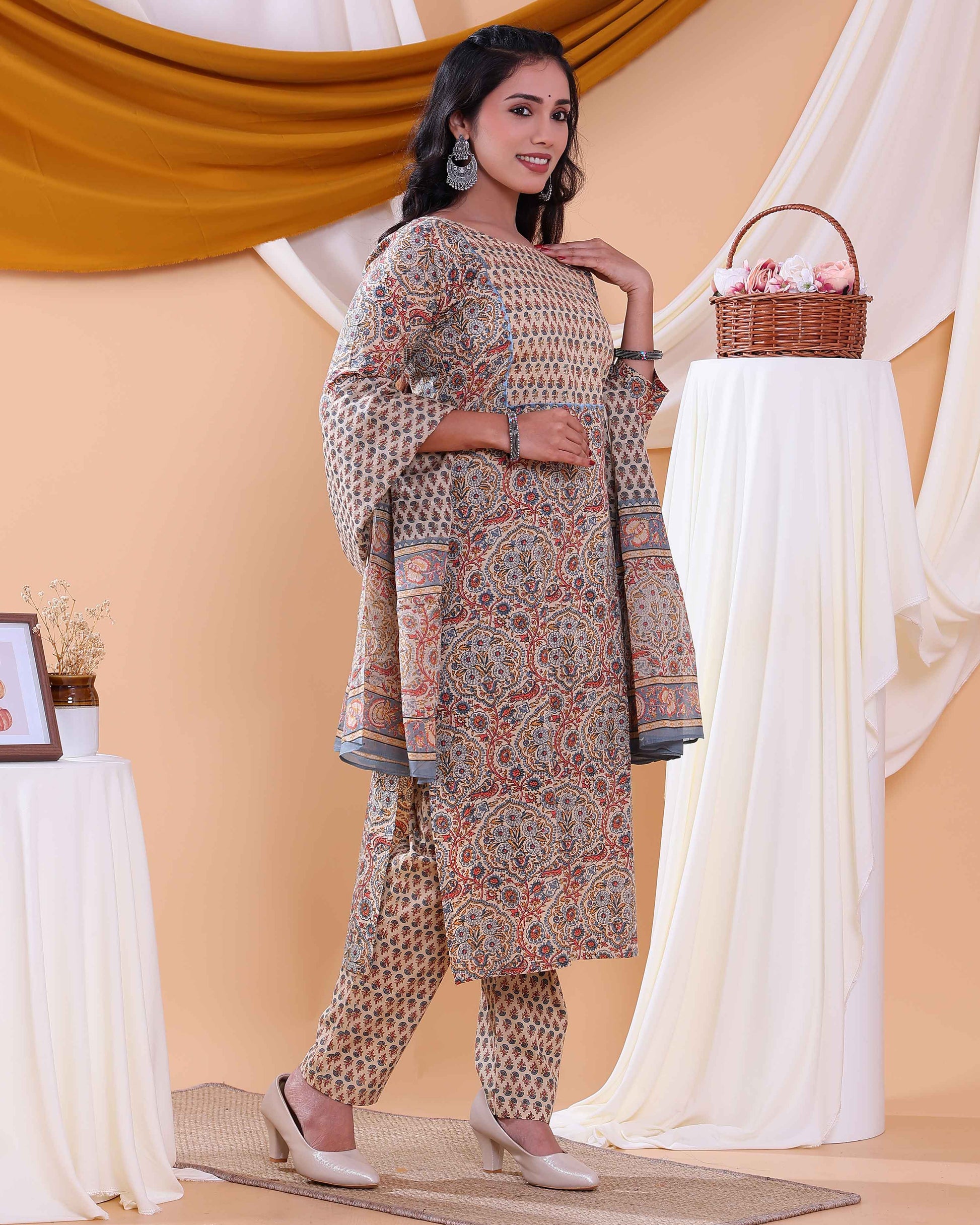 Traditional Block Print Design Women's Readymade Salwar Set with Elegant Patterns and Comfortable Fit - Beige