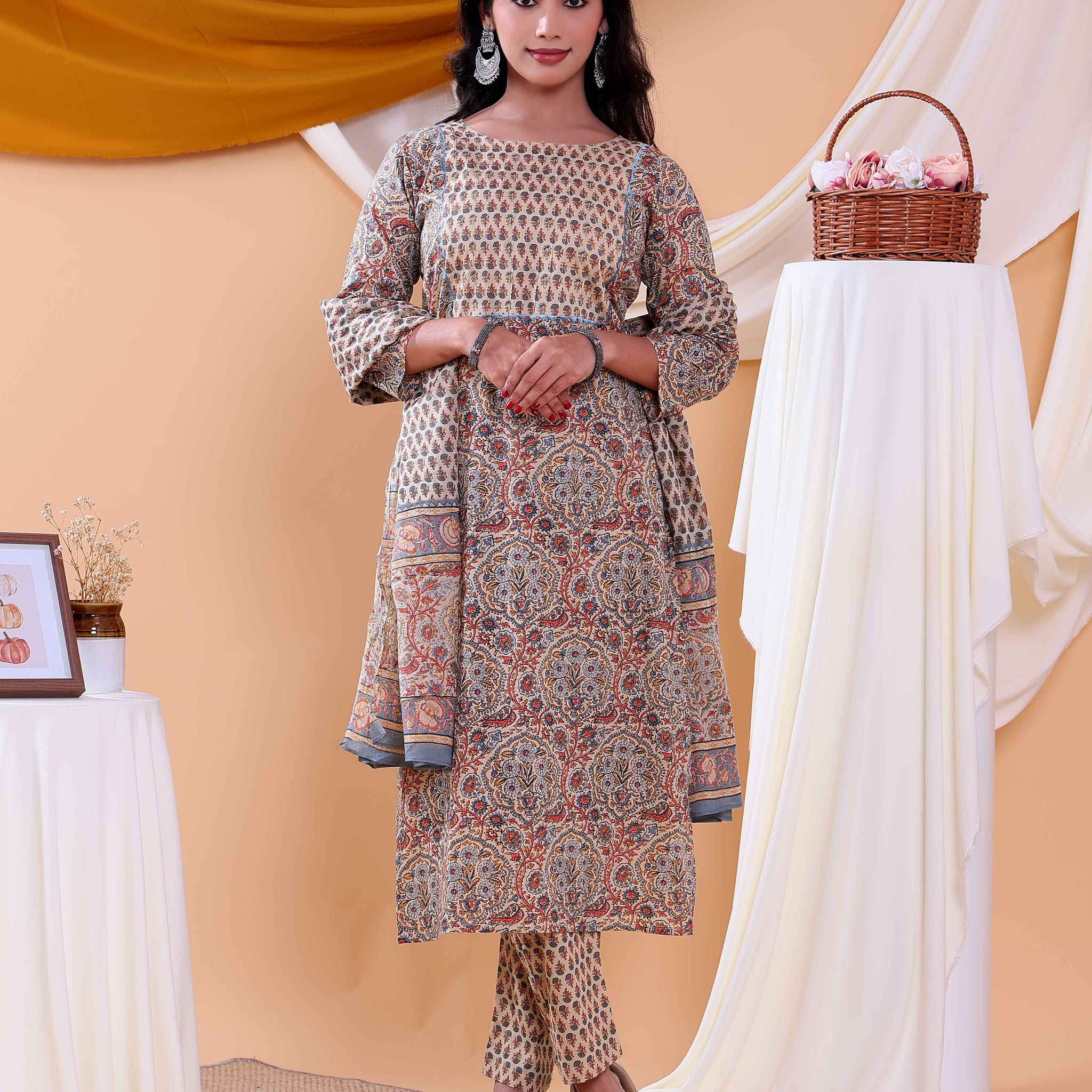 Traditional Block Print Design Women's Readymade Salwar Set with Elegant Patterns and Comfortable Fit - Beige