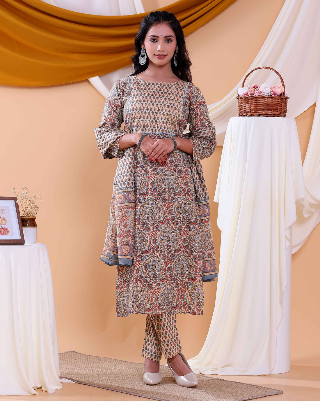 Traditional Block Print Design Women's Readymade Salwar Set with Elegant Patterns and Comfortable Fit - Beige