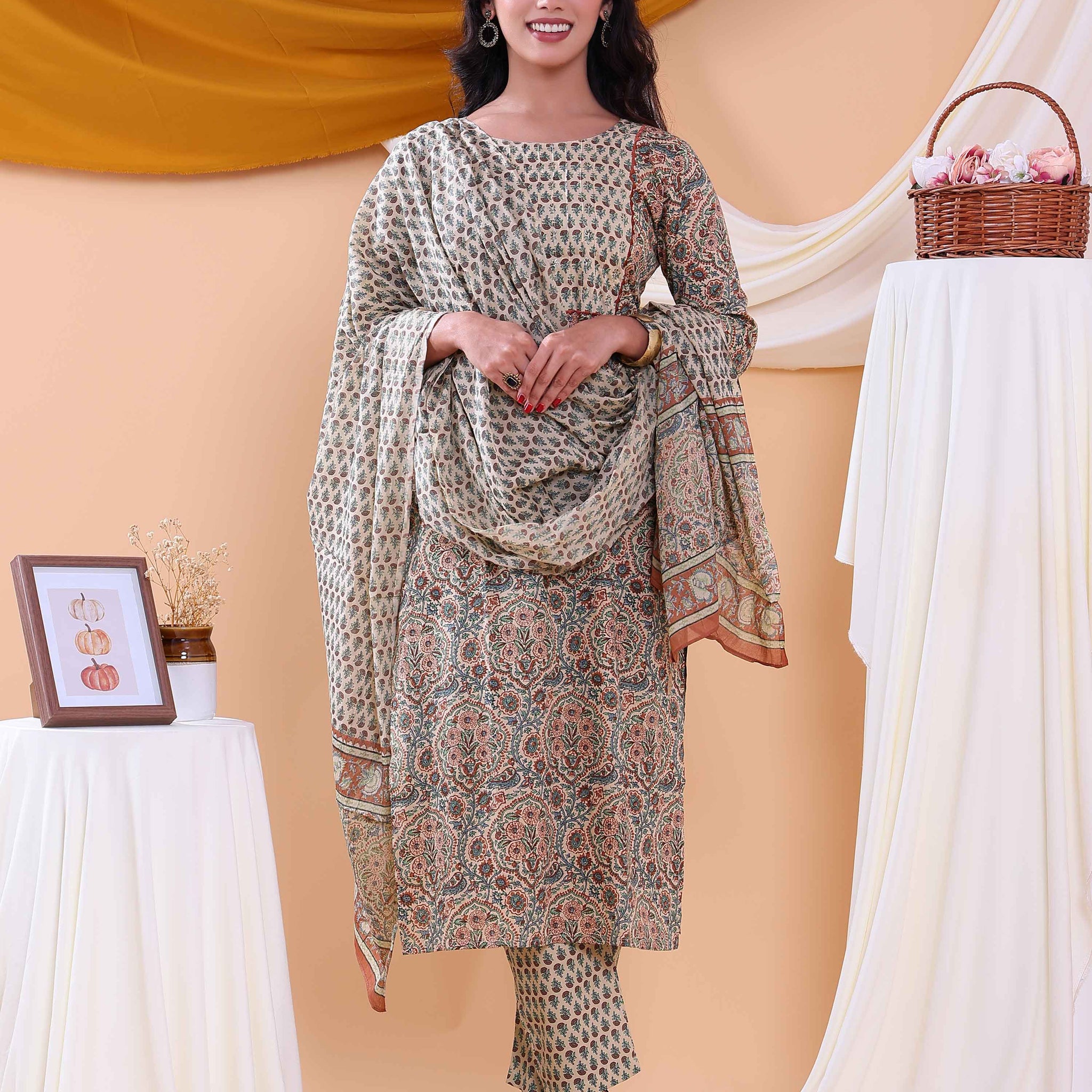 Traditional Block Print Design Women's Readymade Salwar Set with Elegant Patterns and Comfortable Fit - Multi