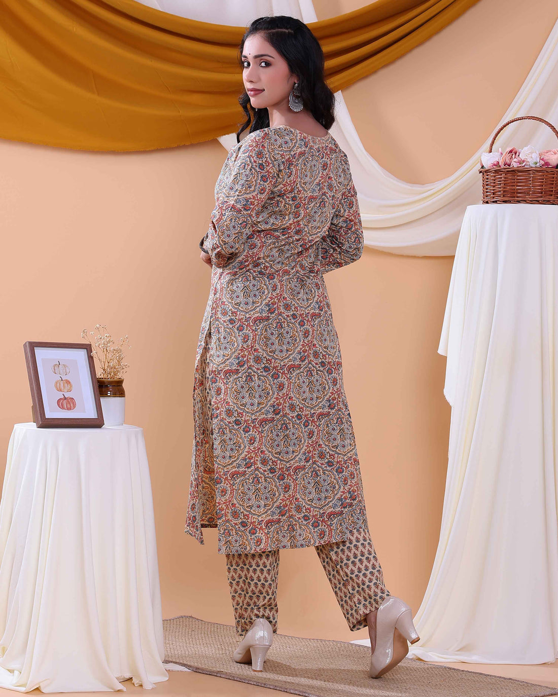 Traditional Block Print Design Women's Readymade Salwar Set with Elegant Patterns and Comfortable Fit - Beige