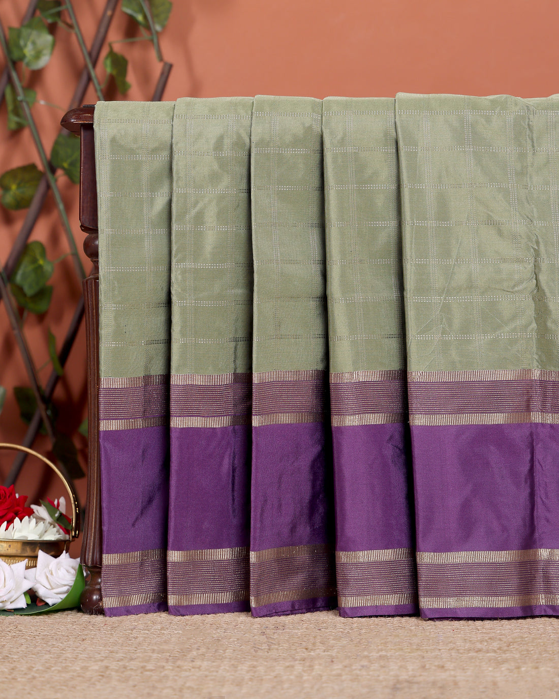 Traditional Checked Soft Silk Saree with Zari Woven Pallur - Olive Green