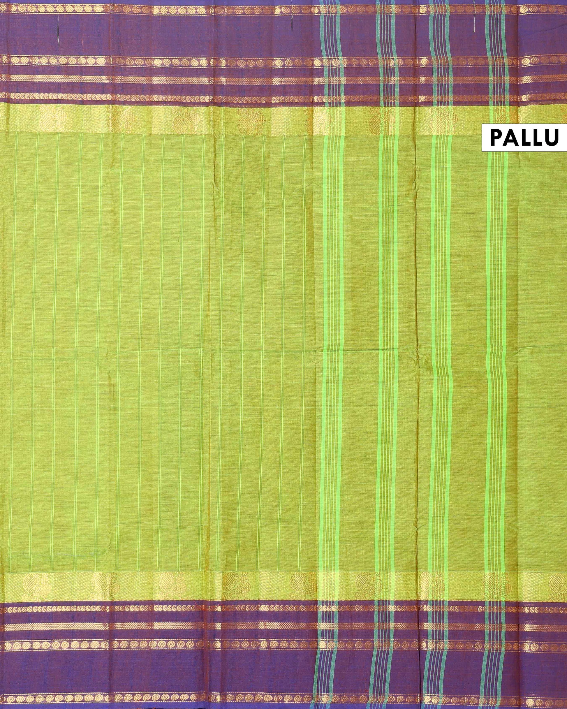 Traditional Chettinad Cotton Handloom Saree with Zari Border and Traditional Motifs -  Green-Pallu