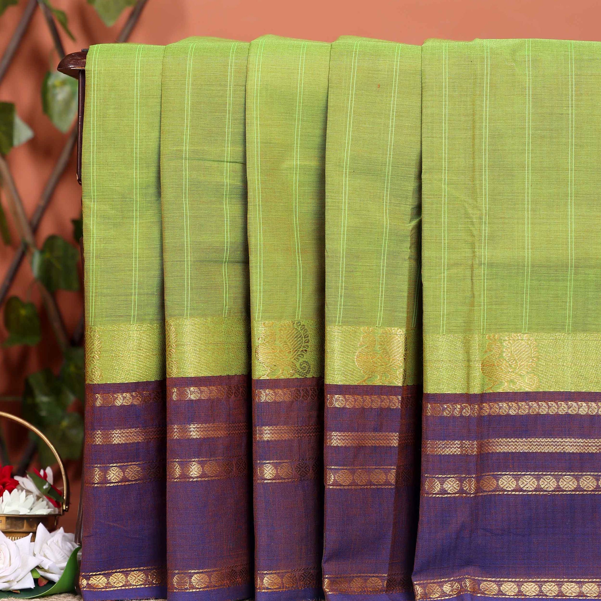 Traditional Chettinad Cotton Handloom Saree with Zari Border and Traditional Motifs -  Green