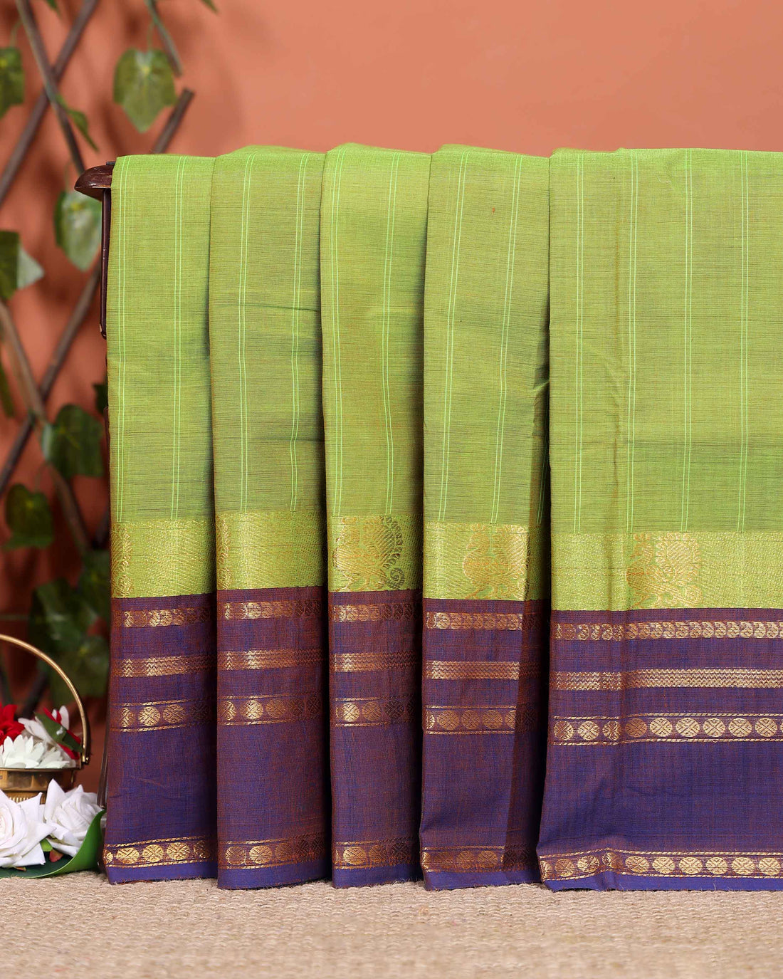 Traditional Chettinad Cotton Handloom Saree with Zari Border and Traditional Motifs -  Green