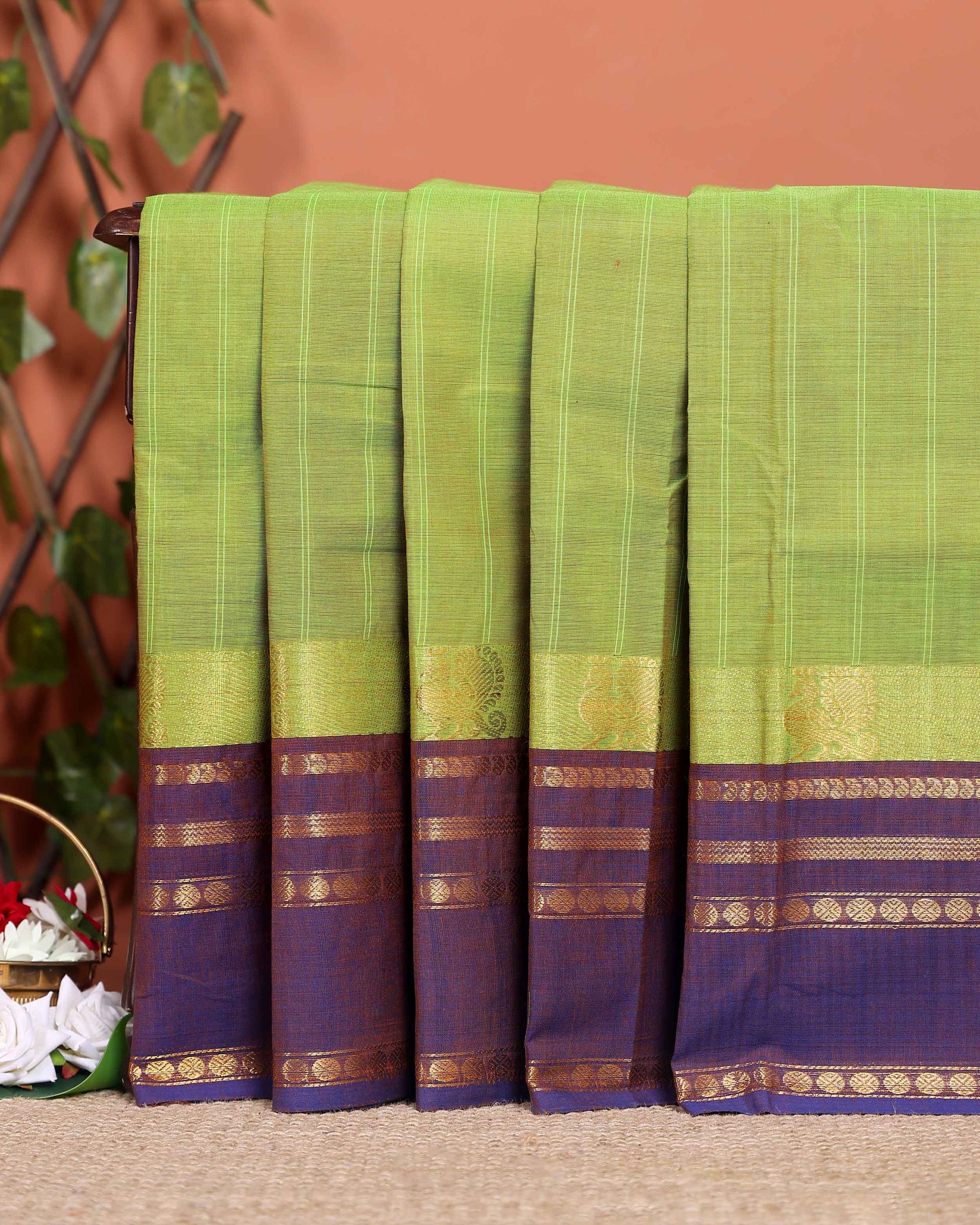 Traditional Chettinad Cotton Handloom Saree with Zari Border and Traditional Motifs -  Green