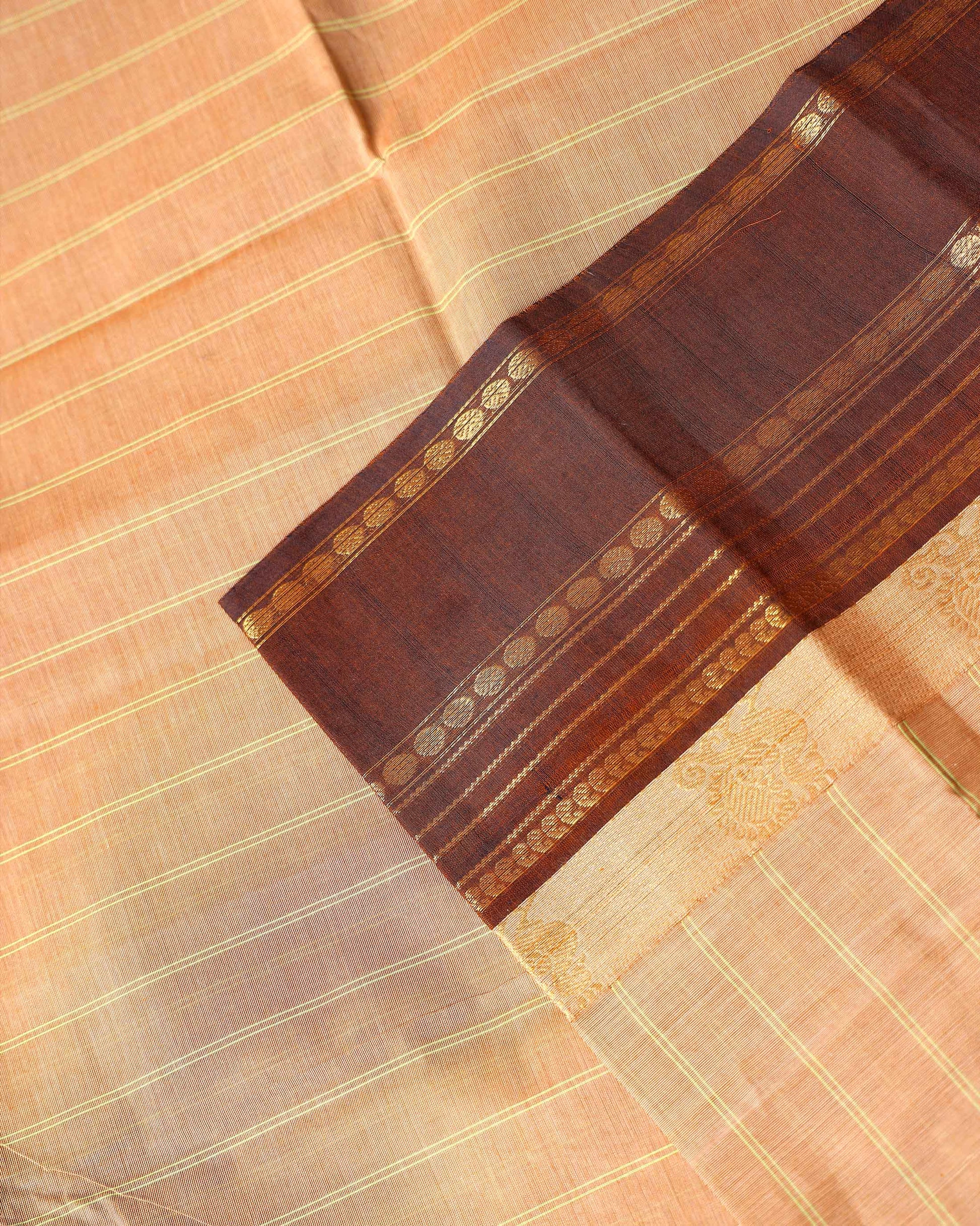 Traditional Chettinad Cotton Handloom Saree with Zari Border and Traditional Motifs -  Light Beige-CLOSE
