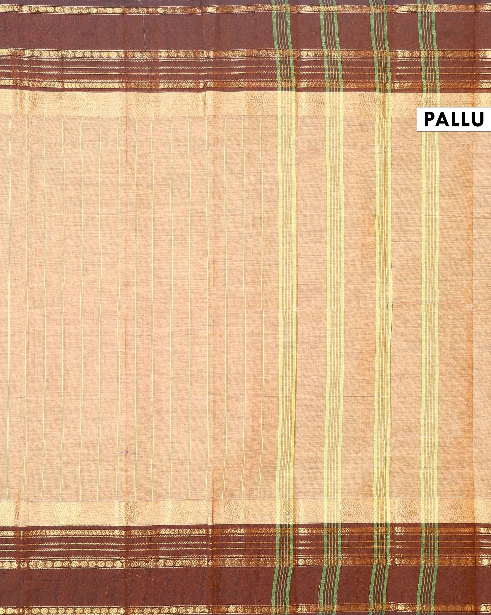 Traditional Chettinad Cotton Handloom Saree with Zari Border and Traditional Motifs -  Light Beige-PALLU