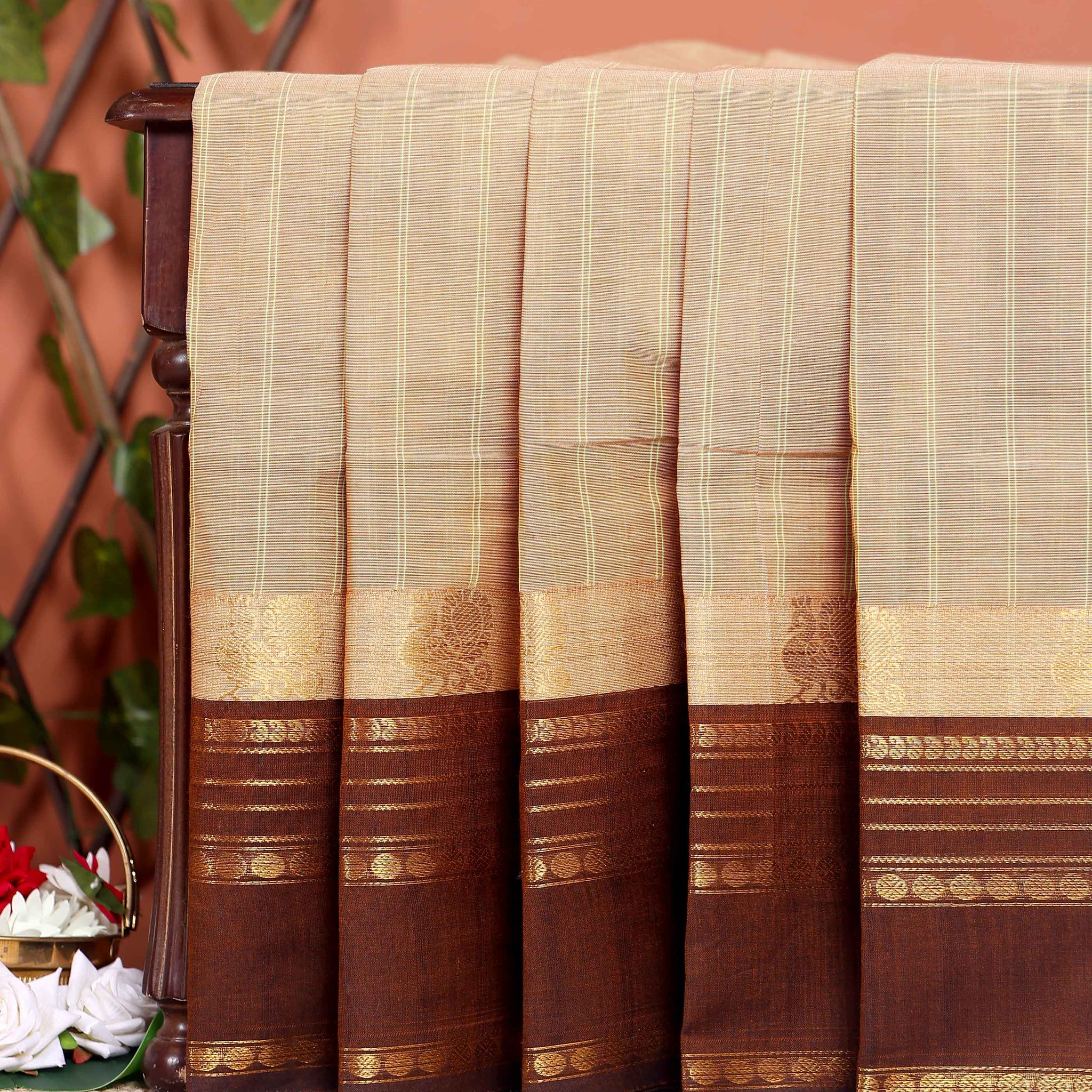 Traditional Chettinad Cotton Handloom Saree with Zari Border and Traditional Motifs -  Light Beige