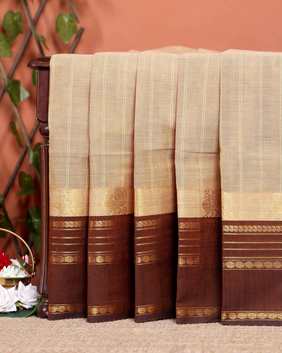 Traditional Chettinad Cotton Handloom Saree with Zari Border and Traditional Motifs -  Light Beige