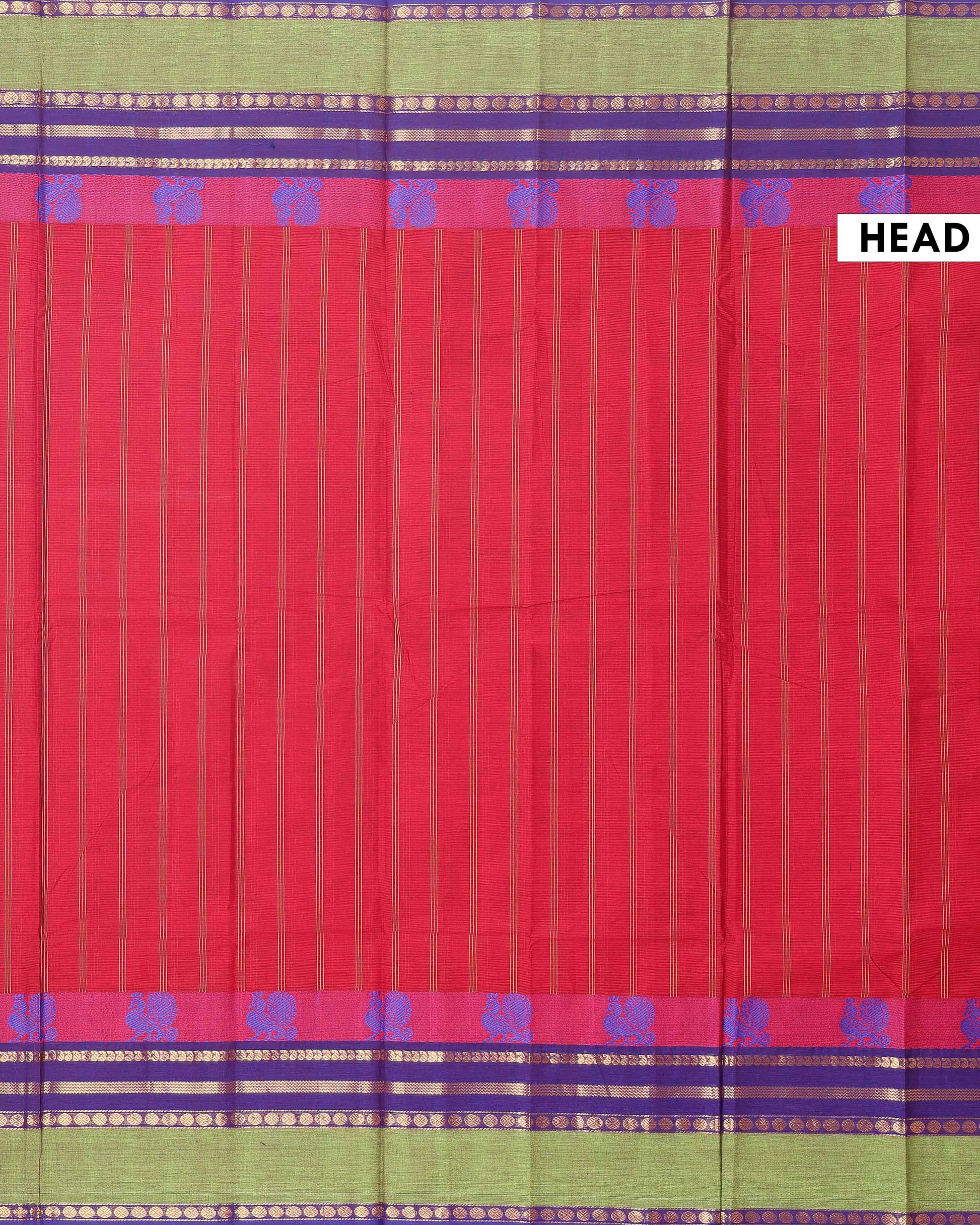 Traditional Chettinad Cotton Handloom Saree with Zari Border and Traditional Motifs -  Red-Head