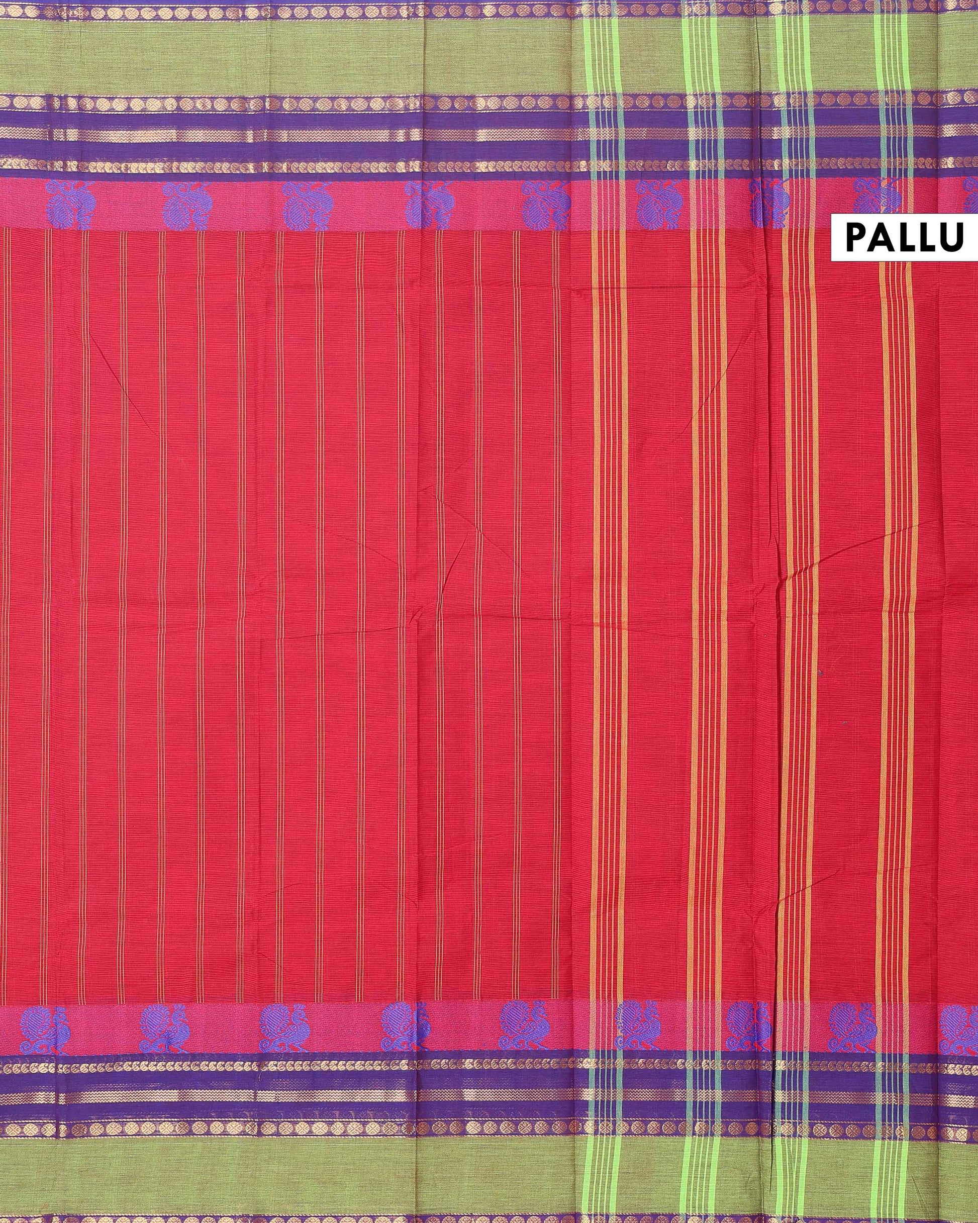 Traditional Chettinad Cotton Handloom Saree with Zari Border and Traditional Motifs -  Red-Head