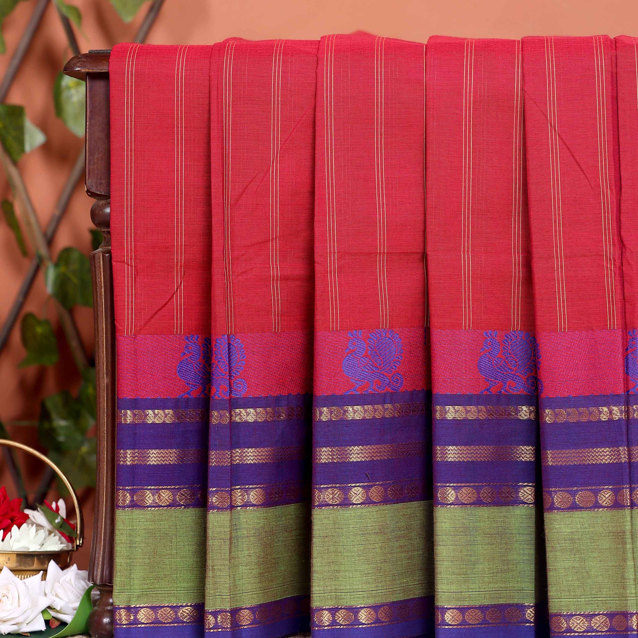 Traditional Chettinad Cotton Handloom Saree with Zari Border and Traditional Motifs -  Red