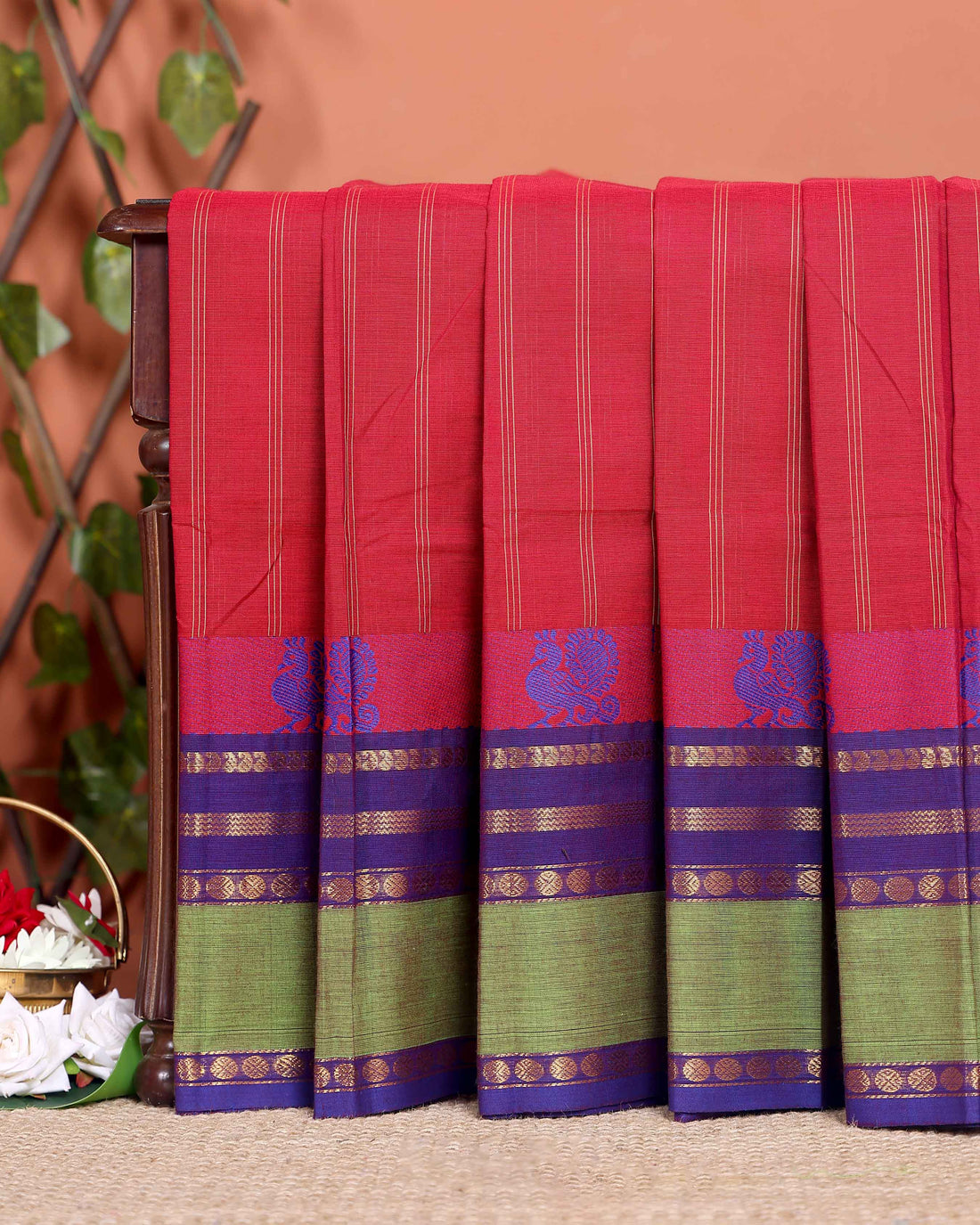 Traditional Chettinad Cotton Handloom Saree with Zari Border and Traditional Motifs -  Red