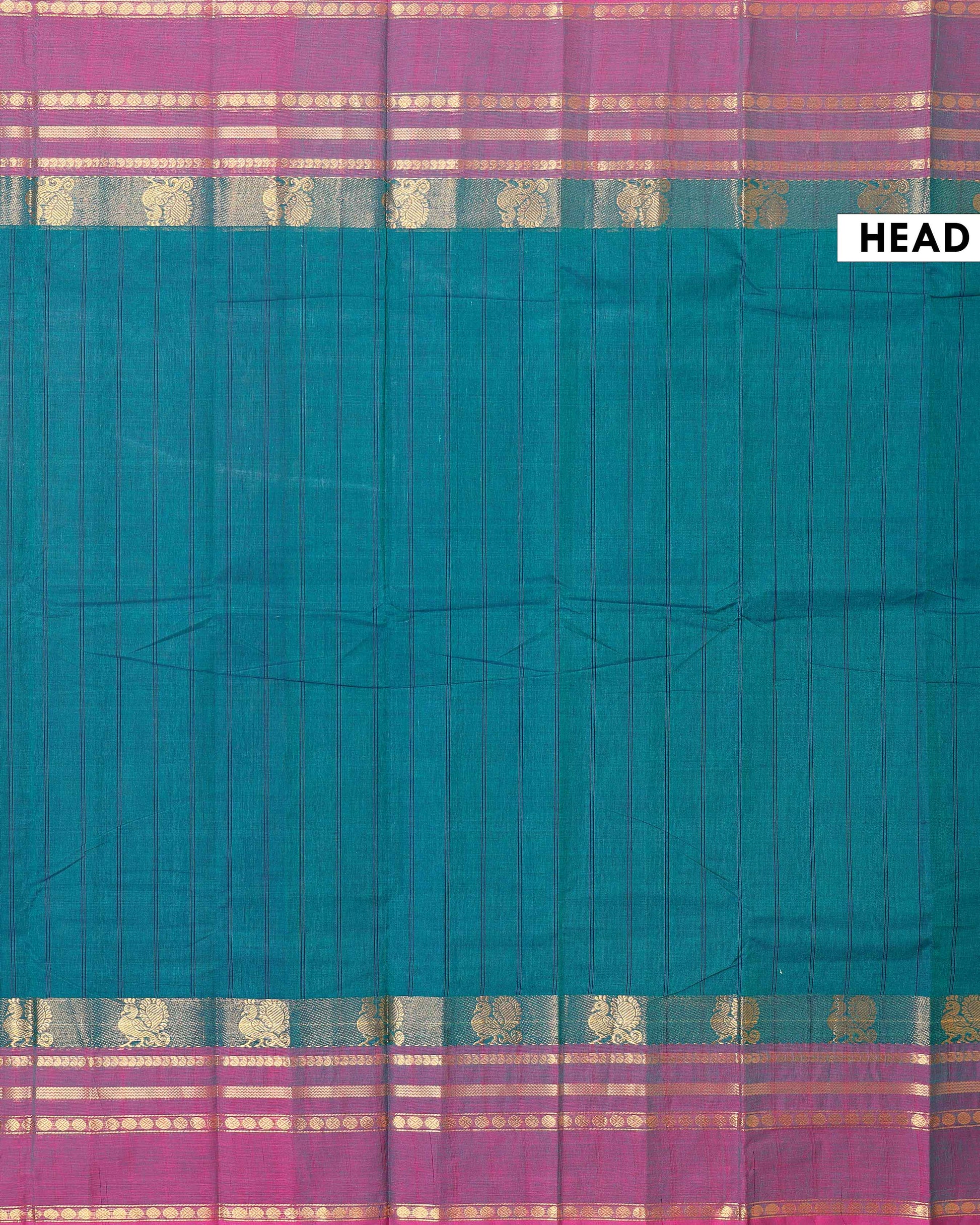Traditional Chettinad Cotton Handloom Saree with Zari Border and Traditional Motifs -  Teal-Head