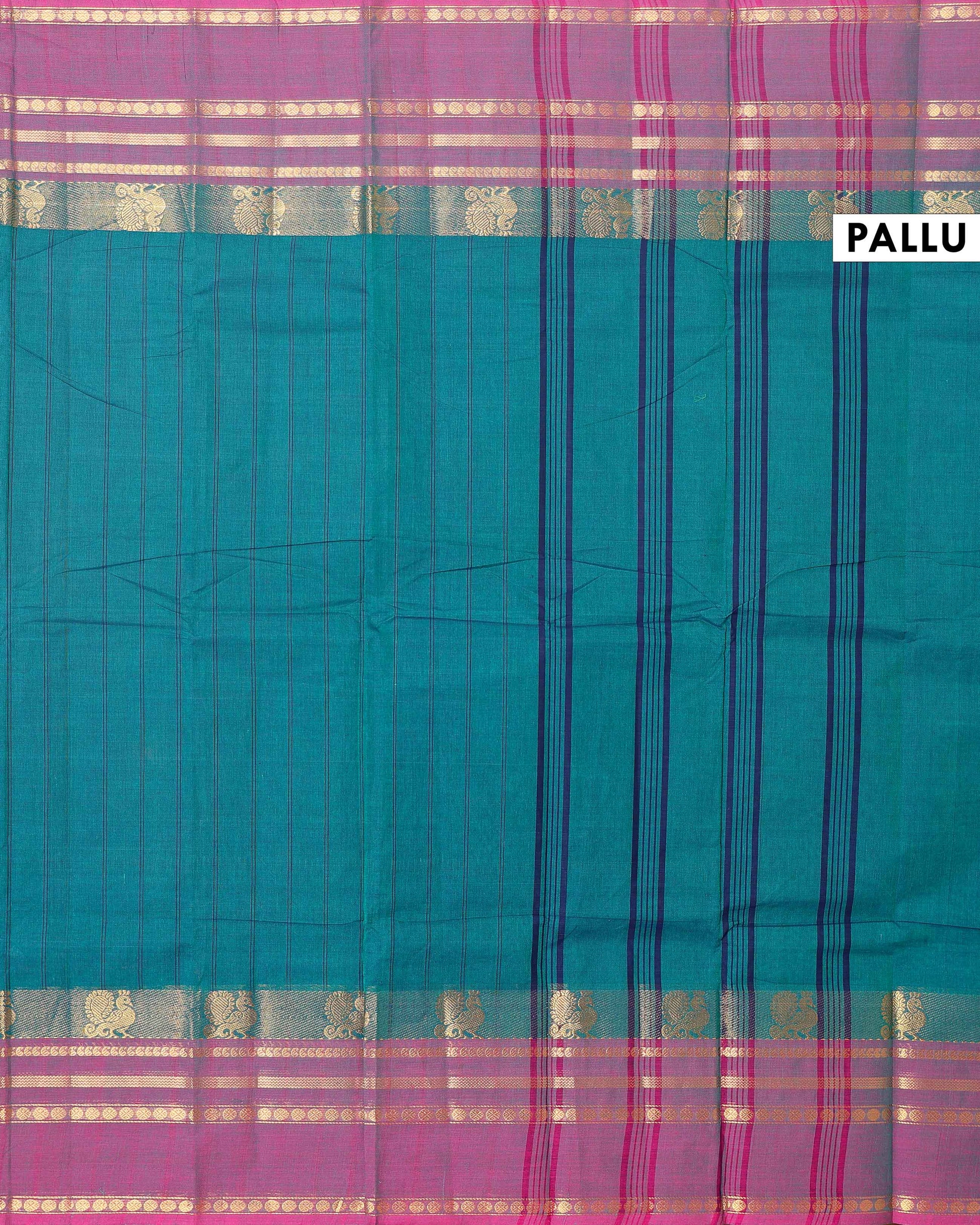 Traditional Chettinad Cotton Handloom Saree with Zari Border and Traditional Motifs -  Teal-Pallu