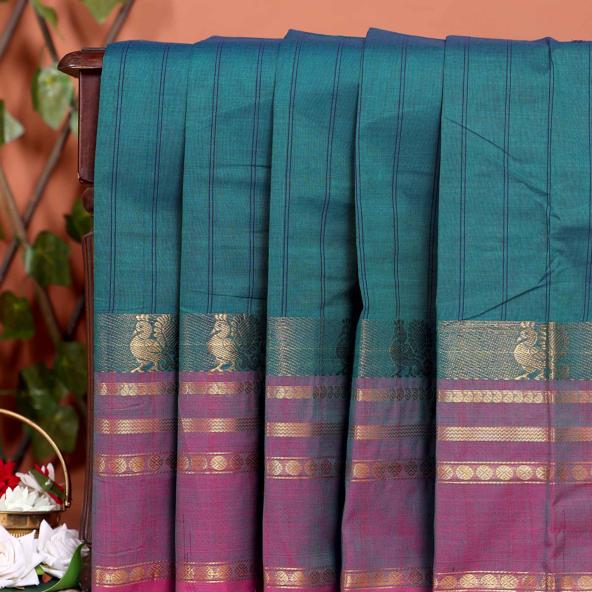 Traditional Chettinad Cotton Handloom Saree with Zari Border and Traditional Motifs -  Teal